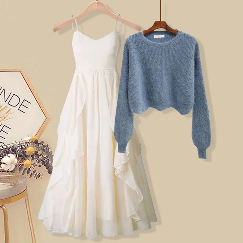 Women Spring Two Pieces Sets Korean Long Sleeve Knitted Sweater Cardigan And Ruffles Patchwork Mesh Long Dress Suit picture 1