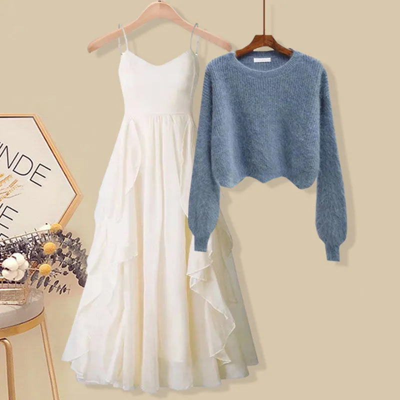 Women Spring Two Pieces Sets Korean Long Sleeve Knitted Sweater Cardigan And Ruffles Patchwork Mesh Long Dress Suit picture 1