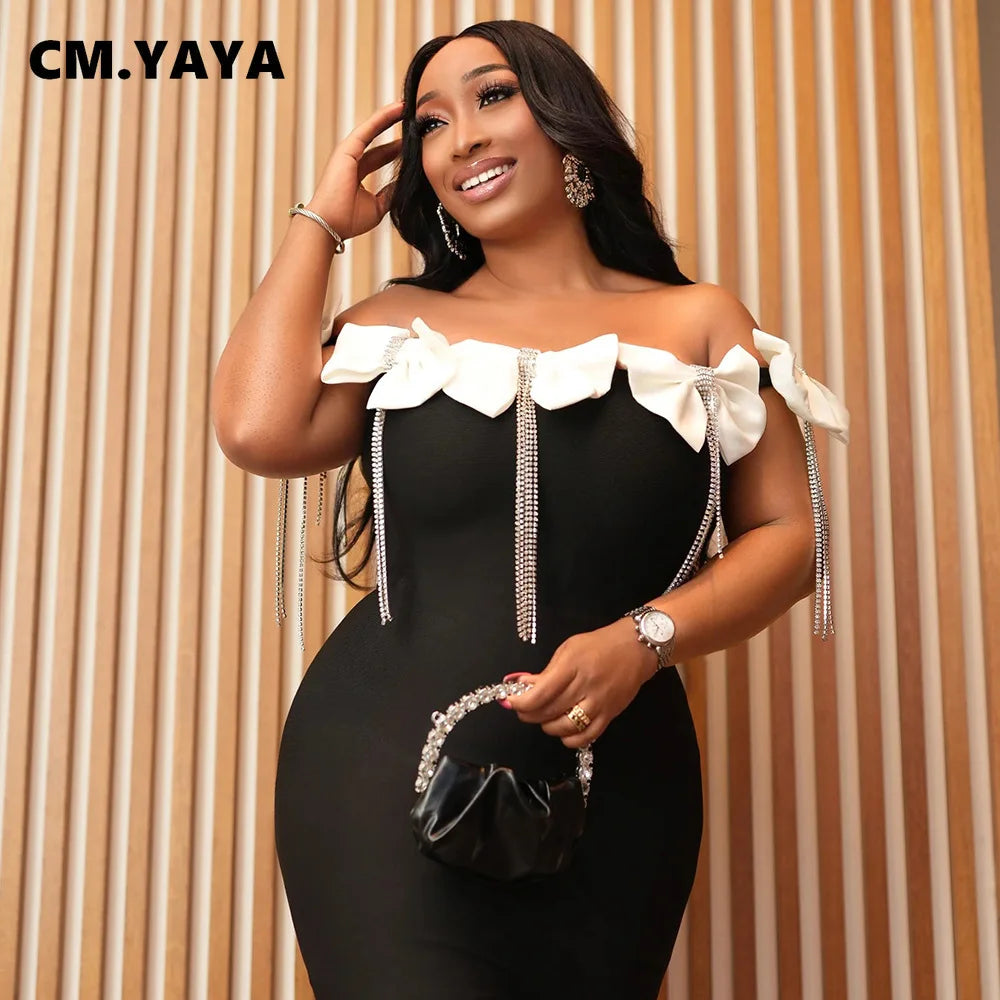 CM.YAYA Women Bow Tassel Slash Neck Maxi Dress 2024 Fall Winter Sexy Birthday Evening Prom Party Street Long Dresses Vestidos