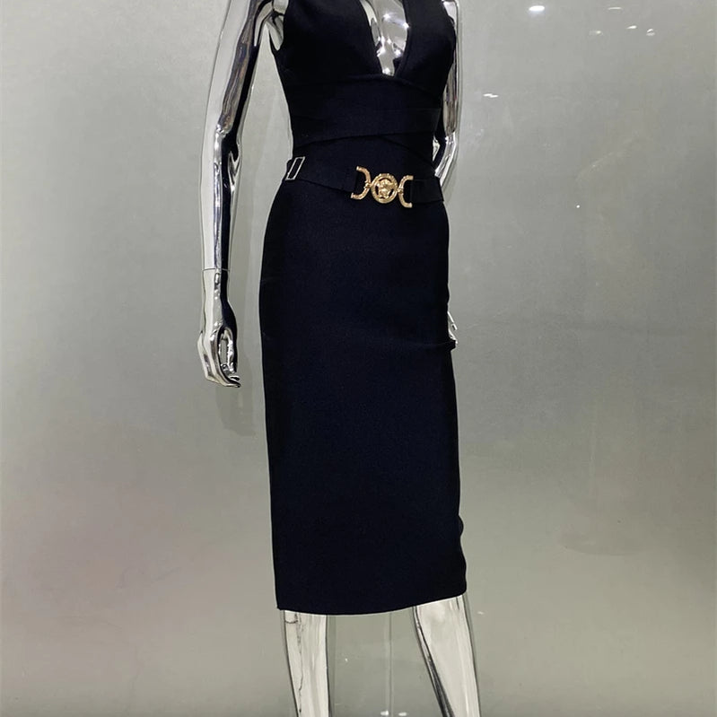 Women Sleeveless Sexy V-Neck Bodycon Midi Bandage Dress Fashion Celebrate Nightclub Party Birthday Dress