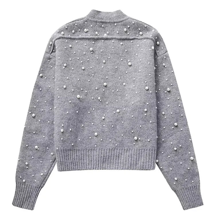 Fashion Knitted Pearl Bomber Jackets Women Vintage O-Neck Front Zipper Long Sleeved Female Coat Top Lady Grey Cropped Cardigan
