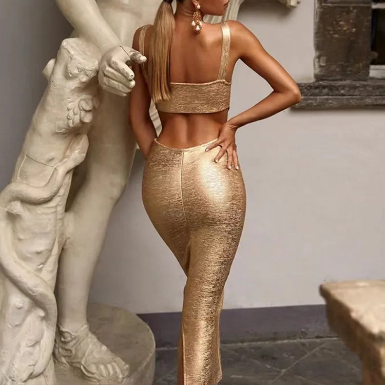 Gold Foil Color New Summer Women Sleeveless Sexy Bandage Bodycon Mid-claf Dress Elegant Evening Party Dress Birthday Party Wear