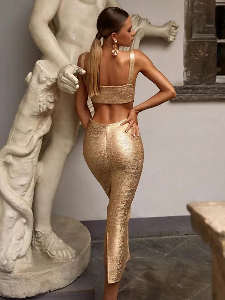 Gold Foil Color New Summer Women Sleeveless Sexy Bandage Bodycon Mid-claf Dress Elegant Evening Party Dress Birthday Party Wear