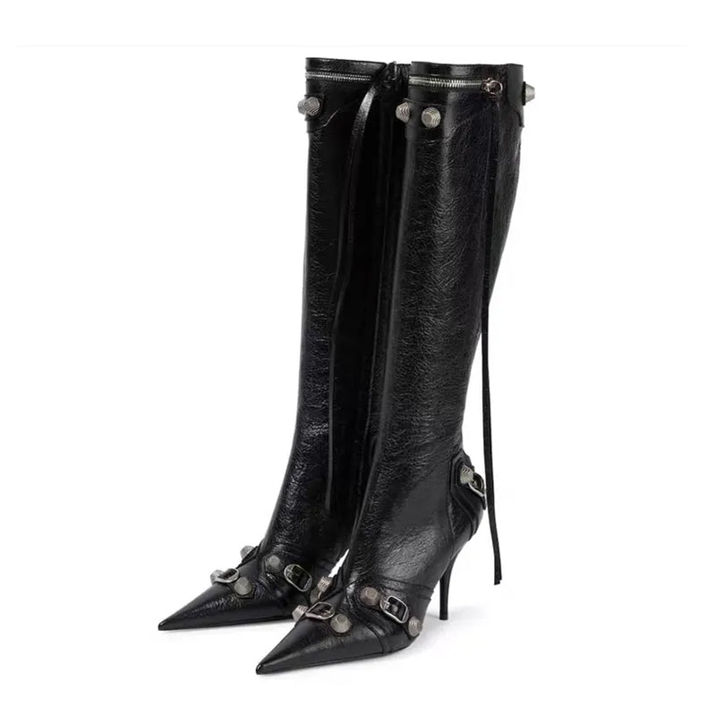 Paris Station Fashion Women's Boots Denim Pointed High Heel Boots Sexy Rivet Boots Show Party Over Knee 46 Large Boots