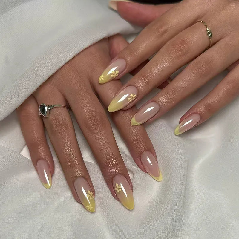 24Pcs Mid-length Almond Press on Nails with Yellow Gradient Design Fake Nail Art Round Head Wearable Full Cover False Nails Tips