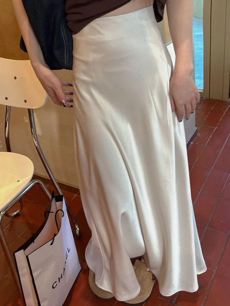 HOUZHOU Elegant Satin Skirt Summer Women Korean Fashion Solid High Waist Casual Long Skirts White Streetwear Office Lady