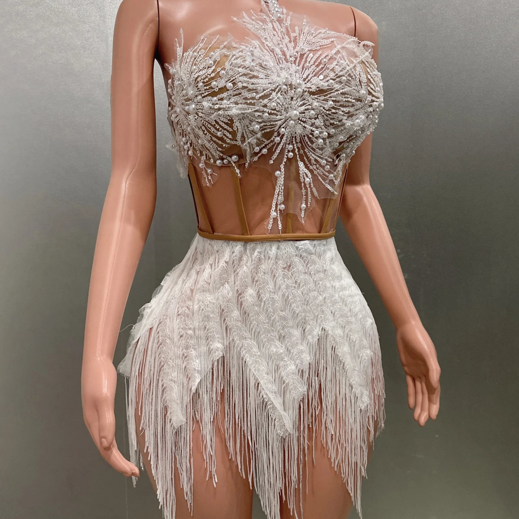 Shinning Sequins Tassels Sexy Halter Off the Shoulder 2 Pieces Bodycon Mini Dress Fashion Nightclub Party Performance Costume