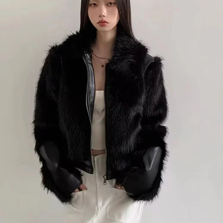 Autumn Winter Cool Short Black Soft Thickened Warm Hairy Shaggy Patchwork Faux Fox Fur Coat Women Fluffy Jacket 2023