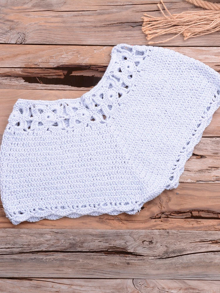 Bikini 2022 knitting Swimsuit Crochet Bikini Bohemia Style Off Shoulder High Neck Bathing Beach Bikinis Handmade Crochet Bikini Light Blue Bottom