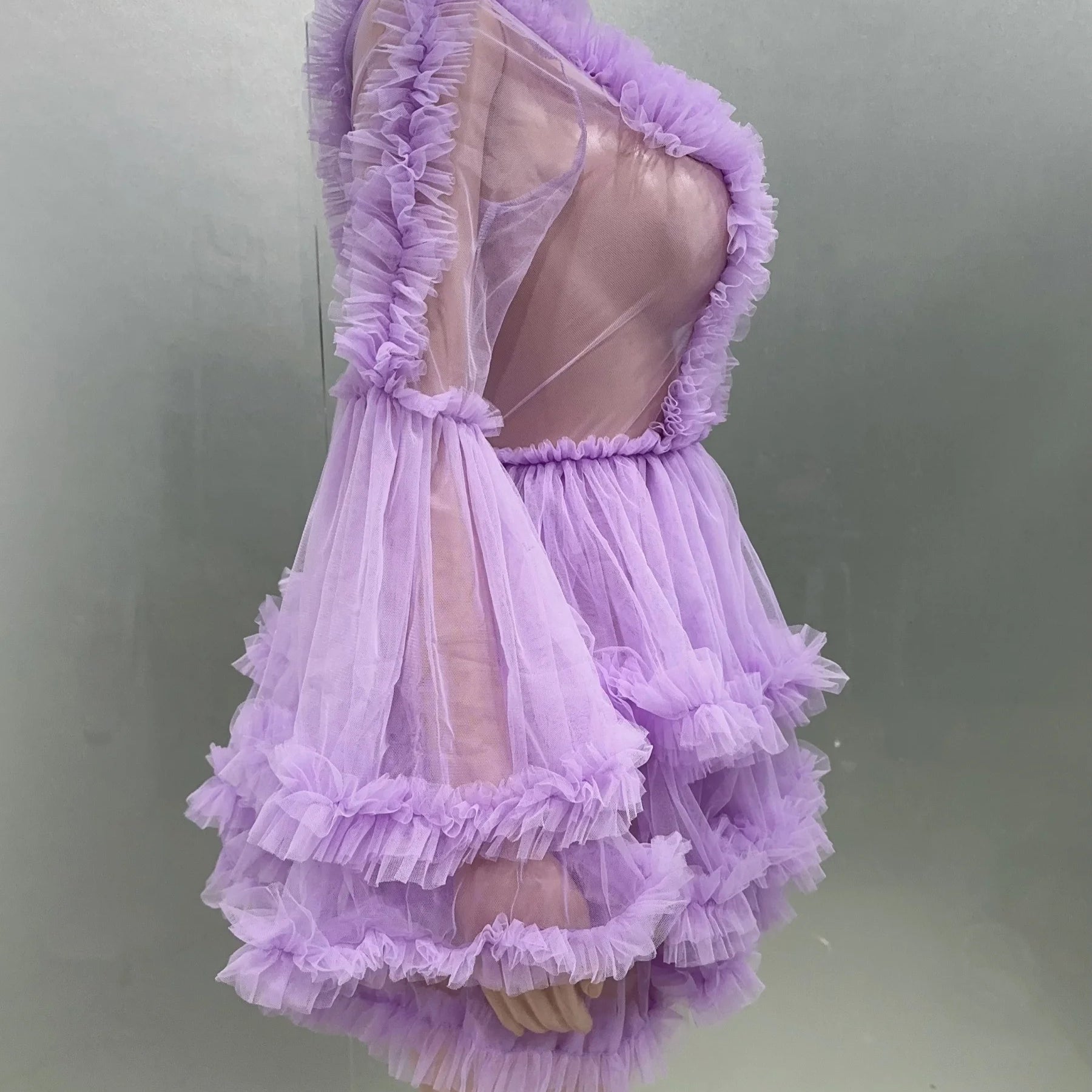 Purple Color Women Sexy  Puff Sleeve Mesh Ruffles Mini Dress Birthday Celebrate Party Girls' Photo Shoot Wear Vestido