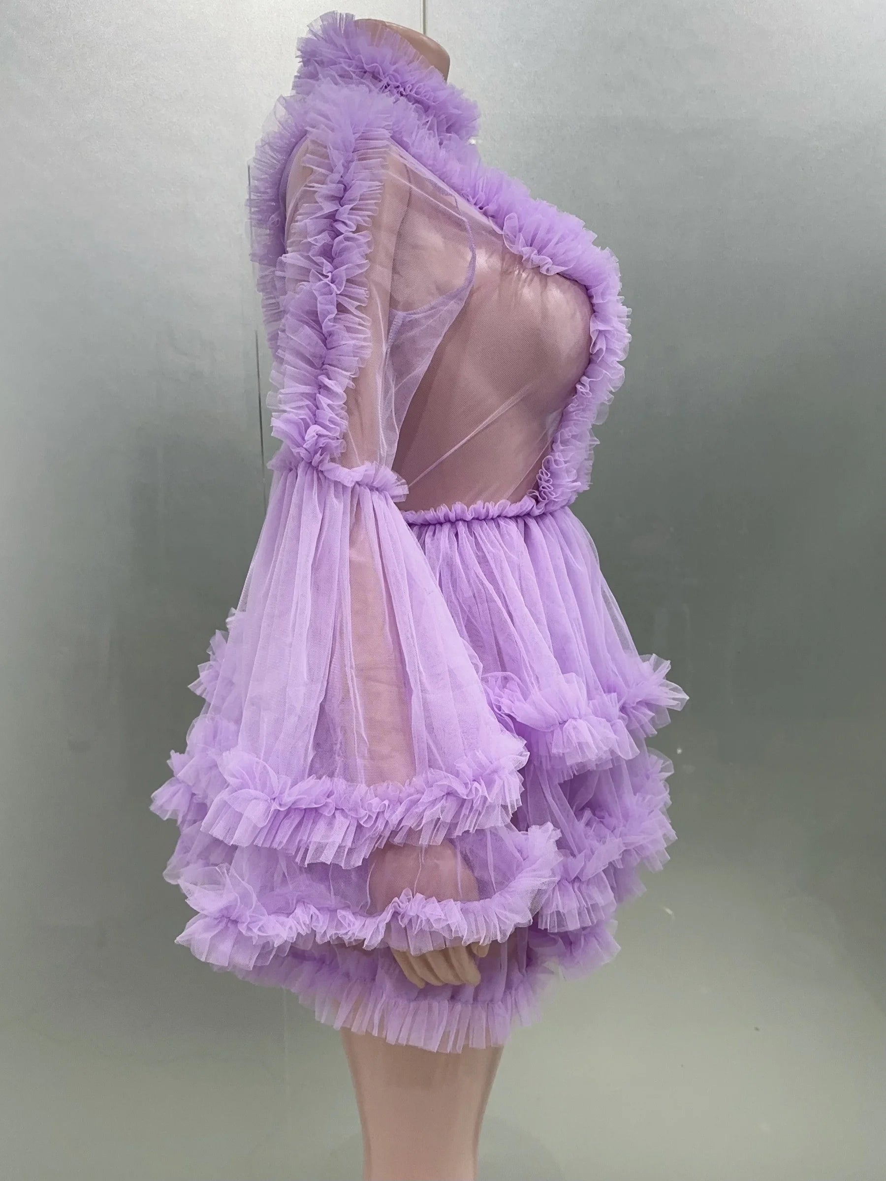 Purple Color Women Sexy  Puff Sleeve Mesh Ruffles Mini Dress Birthday Celebrate Party Girls' Photo Shoot Wear Vestido