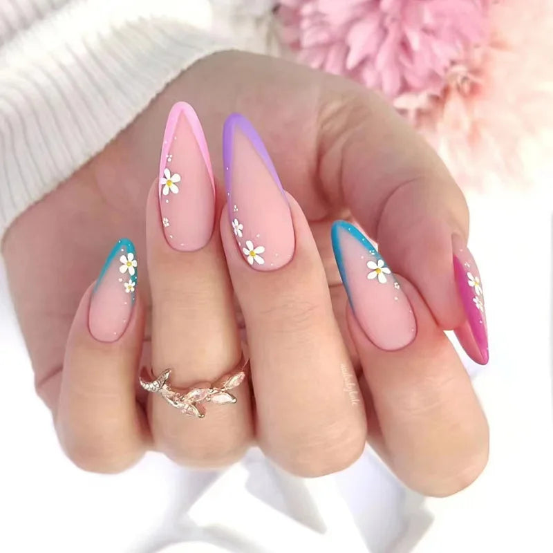 24pcs/set Long Medium short fake nails for women girls cute bow flowers decoration french tips faux ongles press on false nail
