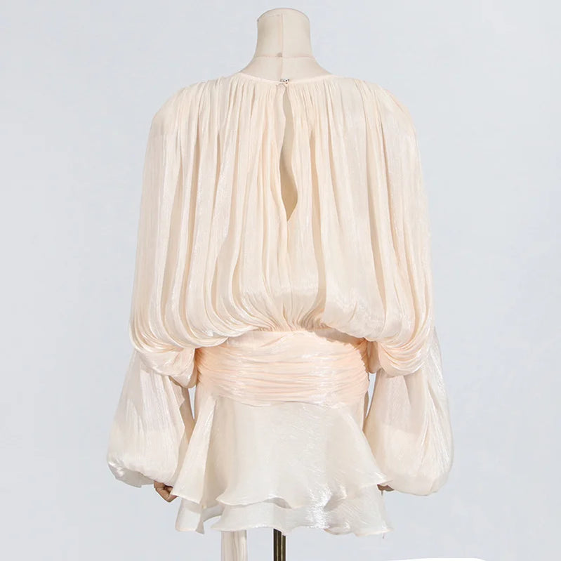 2025 Spring Solid Spliced Lace Up Loose Dresses For Women O Neck Long Sleeve High Waist Temperament Dress Female Fashion