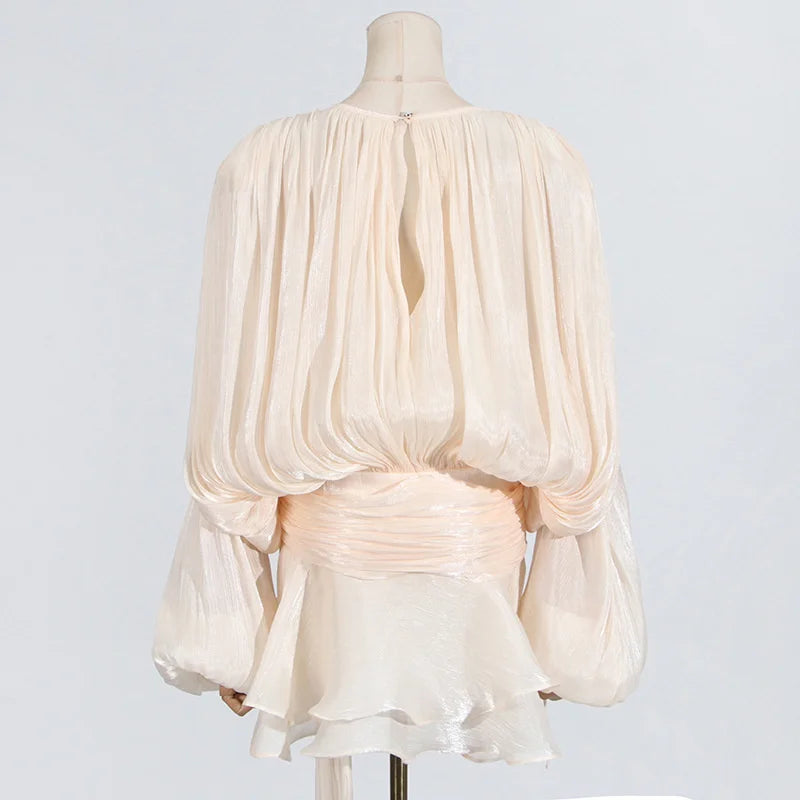 2025 Spring Solid Spliced Lace Up Loose Dresses For Women O Neck Long Sleeve High Waist Temperament Dress Female Fashion