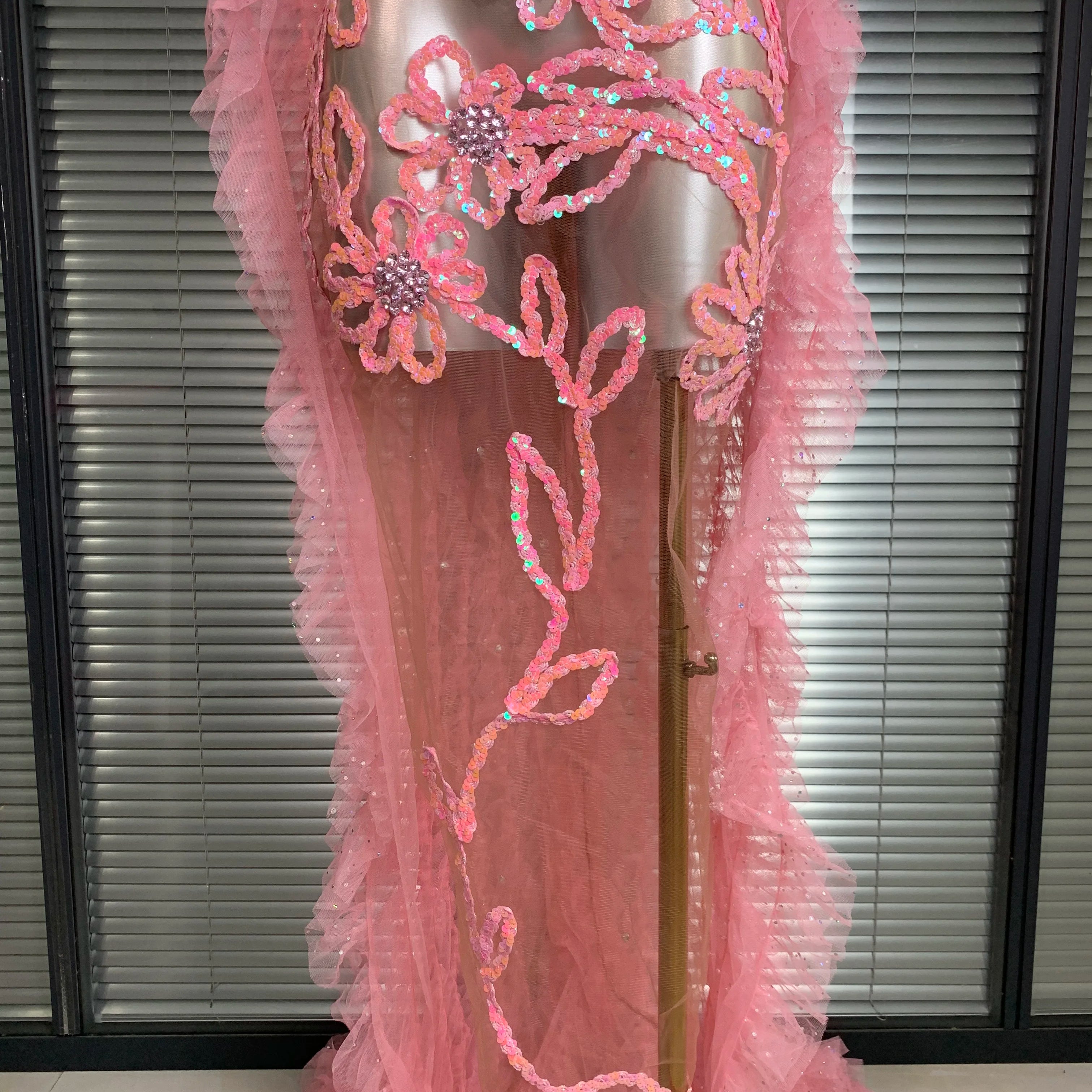 New Women Sexy Mesh Sheer Sequins Pink Maxi Dress See Through Sparkly Shining Party Costume Stage Performance Dress