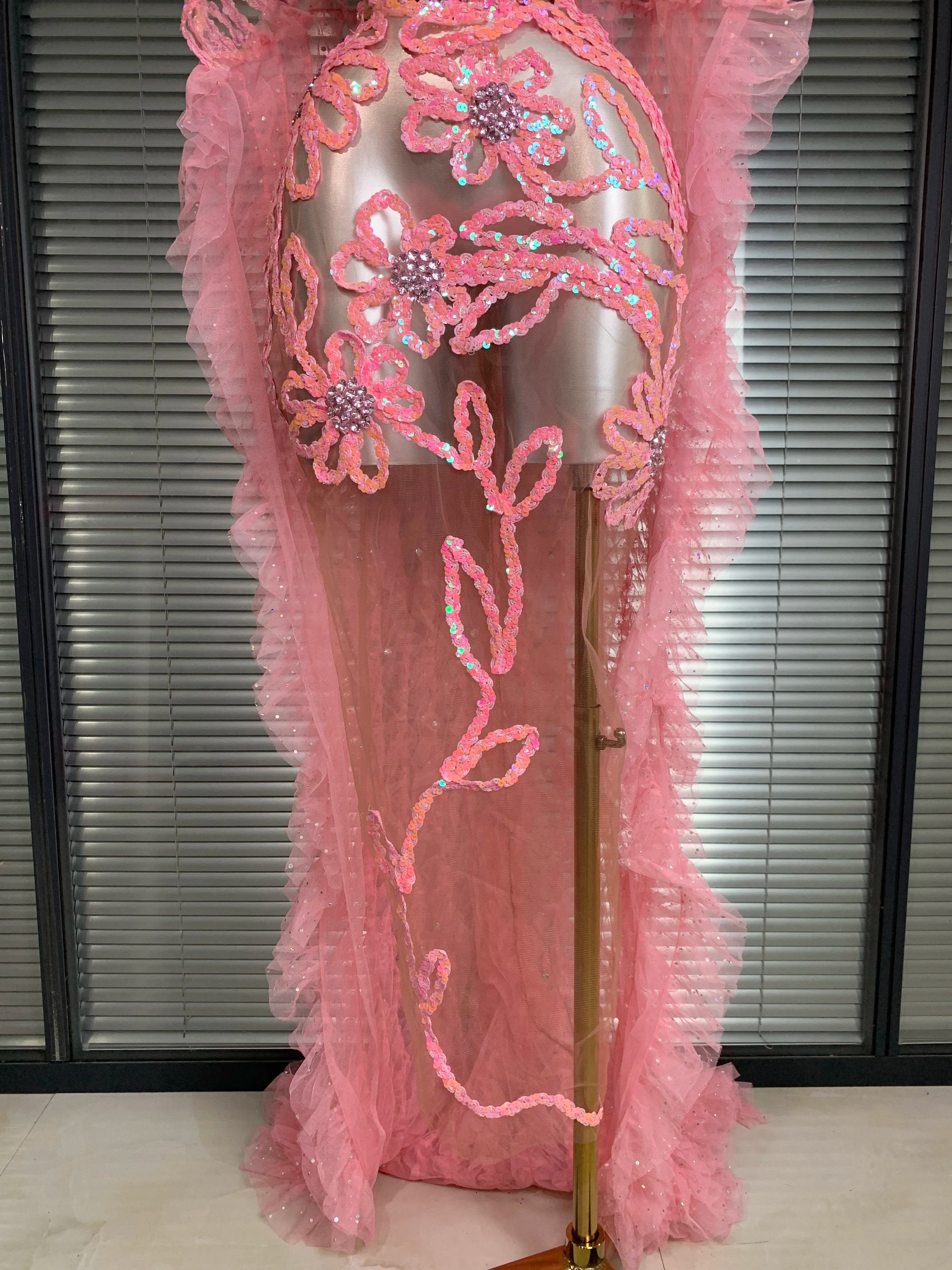 New Women Sexy Mesh Sheer Sequins Pink Maxi Dress See Through Sparkly Shining Party Costume Stage Performance Dress