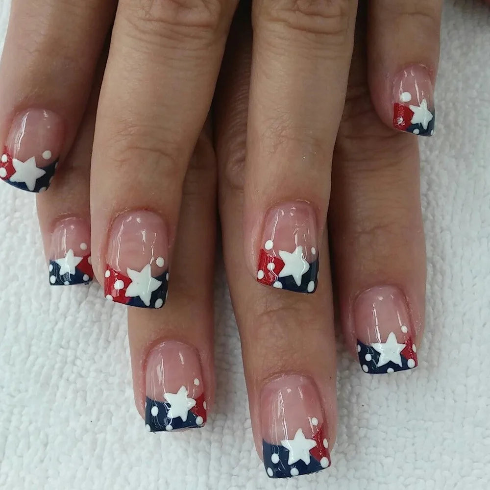 24pcs/set short square fake nails for US Independence Day blue red white star strawberry  with glitter press on false nail tips