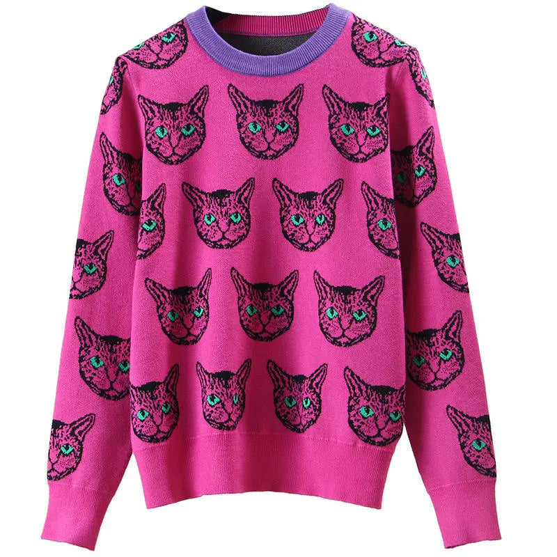 Runway Designer Cat Print Knitted Sweaters Pullovers Women Autumn Winter Long Sleeve Harajuku Sweet Jumper MULTI