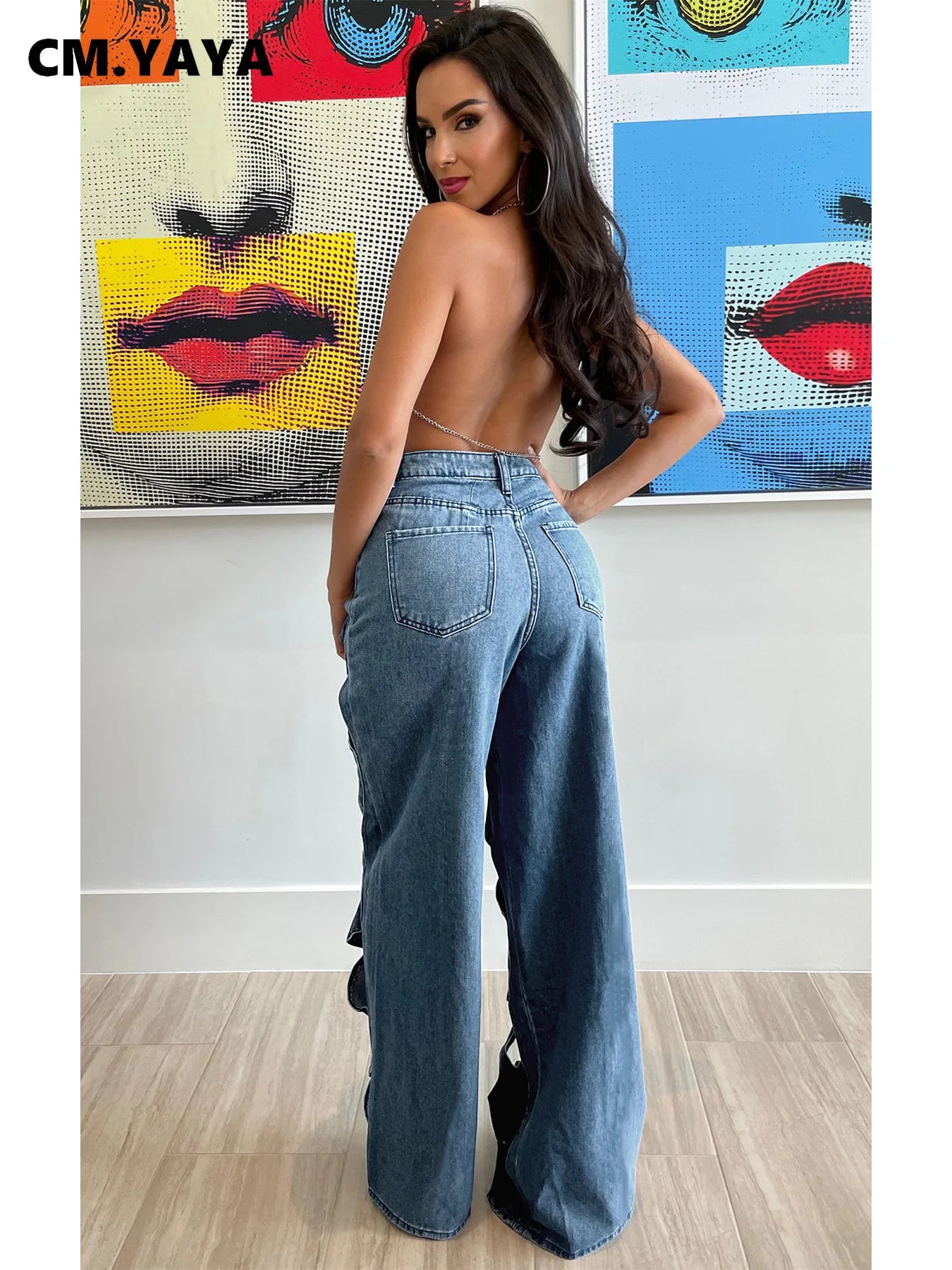 CM.YAYA Women Vintage Cutout Hollow Out Criss Cross Straight Denim Pants 2024 Fashion INS High Waist Wide Leg Jeans Trousers