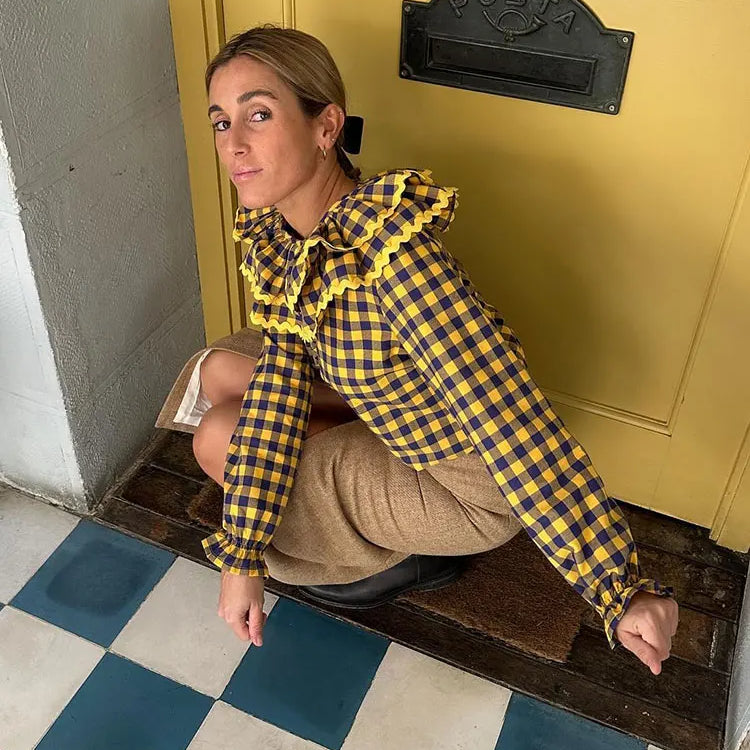 Spring Women Green Plaid Print Puff Sleeve T Shirt Elegant Casual Loose Ruffles O Neck Tops New Female Commute Streetwear