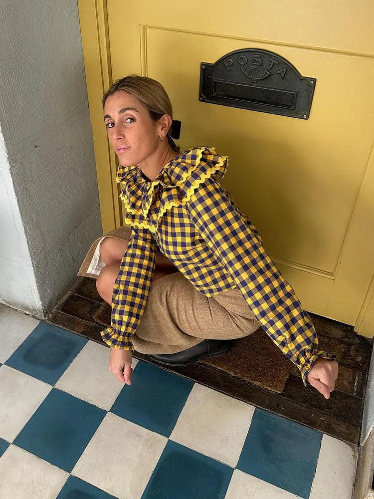 Spring Women Green Plaid Print Puff Sleeve T Shirt Elegant Casual Loose Ruffles O Neck Tops New Female Commute Streetwear