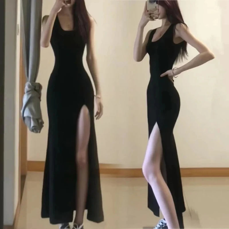 Sexy High Split Spaghetti Strap Dress Women Summer Black Bodycon Dresses Woman Sleeveless Party Long Dress Ladies