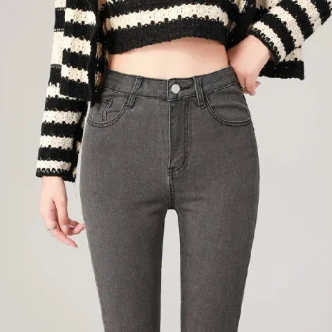 Fashion Women's Slim Skinny Jeans Comfortable Stretch Casual Solid Colours Pencil Pants Female Black Denim Trousers GRAY