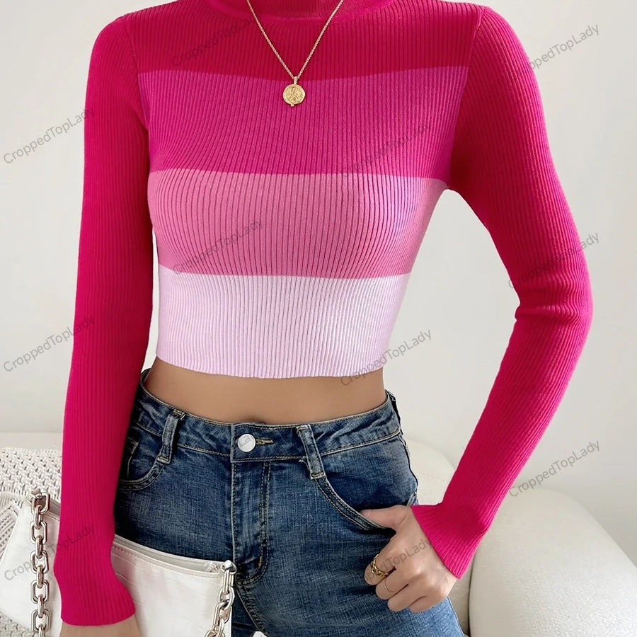 Spring Women Crop Colorblock Turtleneck Ribbed Long Sleeve Pull Sweater Femme Knitwear Jumper Outfits Pullovers Rose Red One Size