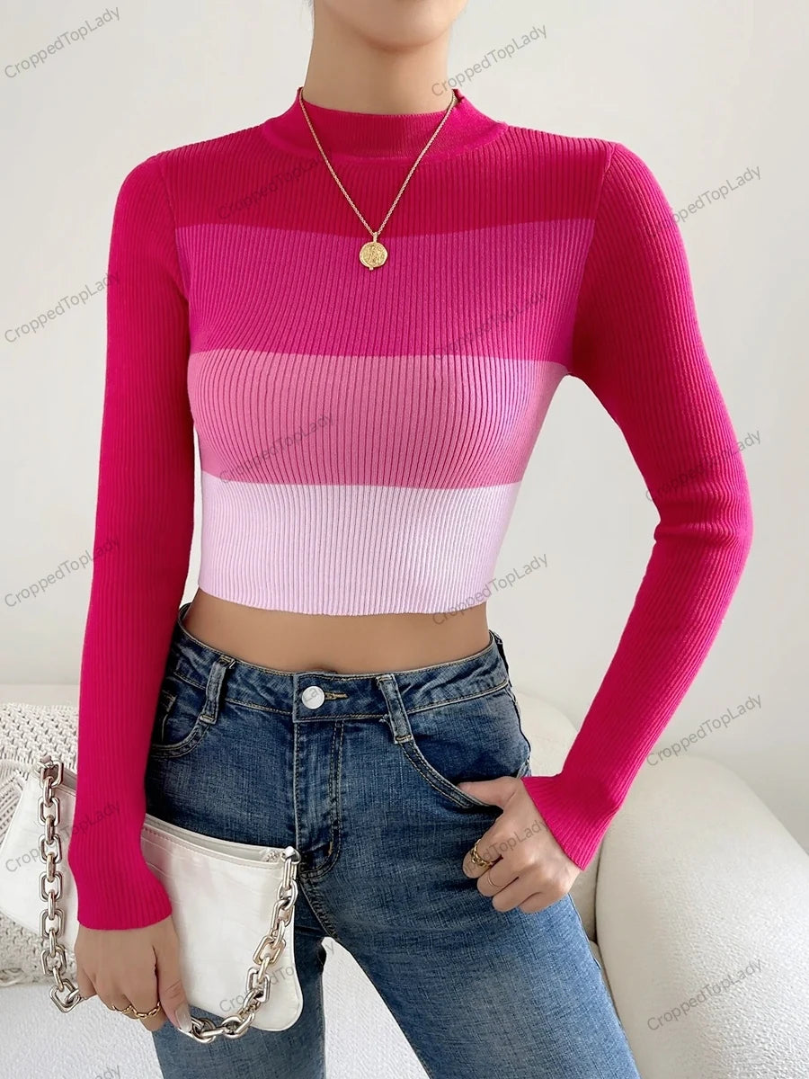 Spring Women Crop Colorblock Turtleneck Ribbed Long Sleeve Pull Sweater Femme Knitwear Jumper Outfits Pullovers Rose Red One Size