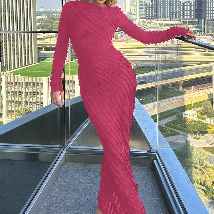 Dulzura Solid Pure Color 3D Ruched Long Sleeves Maxi Dress 2024 Summer Autumn For Women Sexy Clubwear Wholesale Drop Shipping