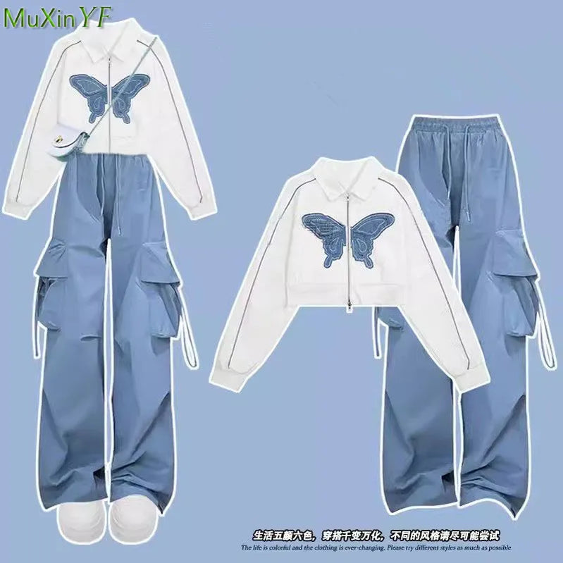 Kvinnor Spring Autumn Cool Butterfly Short Jacket Wide Leg Pants 1 eller 2 Piece Set 2023 Nya koreanska Hip Hop Coats Byxor Outfits