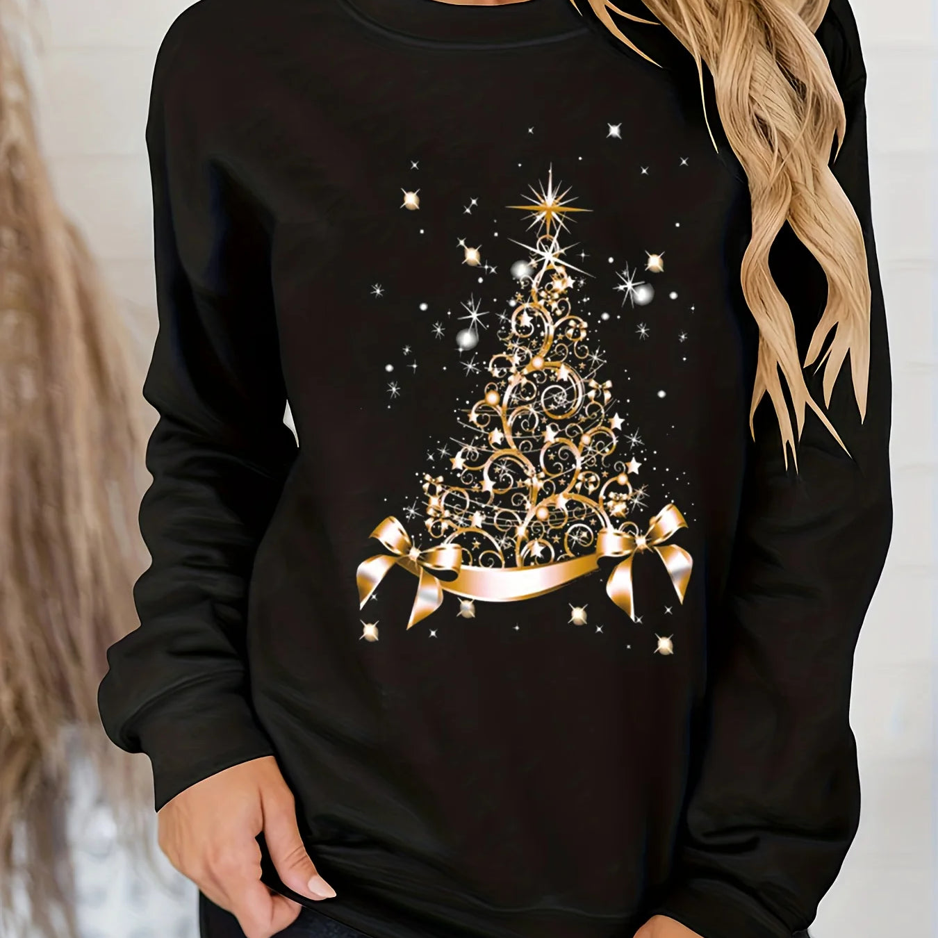 Women's Christmas printed loose top sweater long sleeved autumn and winter black