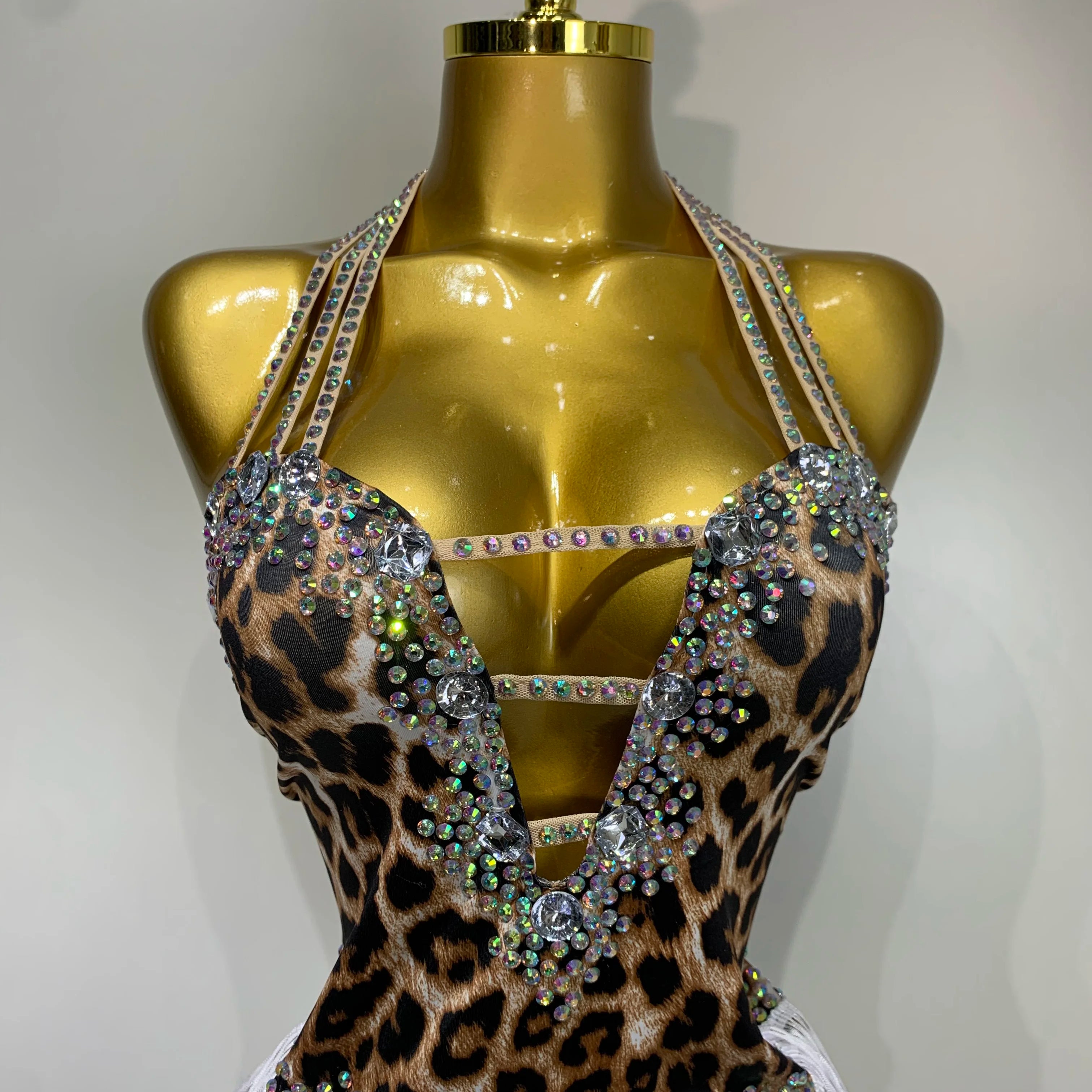 Sexy Backless Sparkly Rhinestones Tassel Leopard Print Bodysuit Performance Dance Costume Singer Dancer Stage Wear Club Outfit