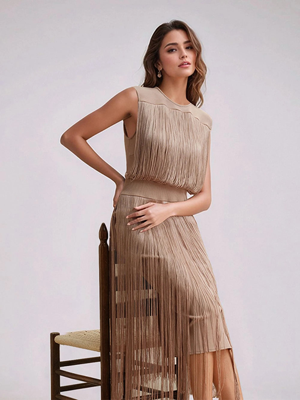 2025 New Tassel Patchwork Party Fashion Midi Dress Women Summer Sleeveless Solid High Street Ladies Vestidos