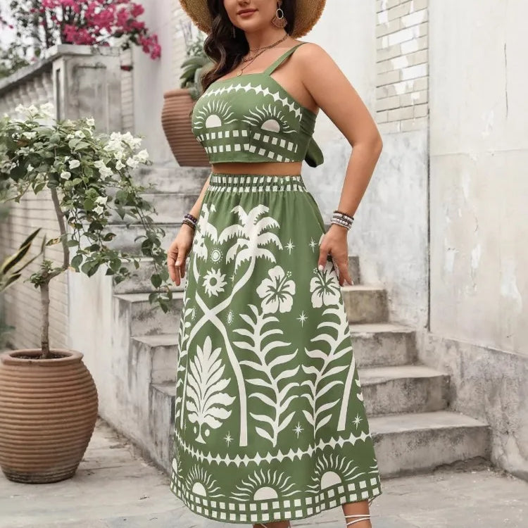 Plus Size Summer Floral 2 Two Piece Set Women Slim Ladies Cropped Sleeveless Slip Tops Ruffle Fashion High Waist Woman Skirts