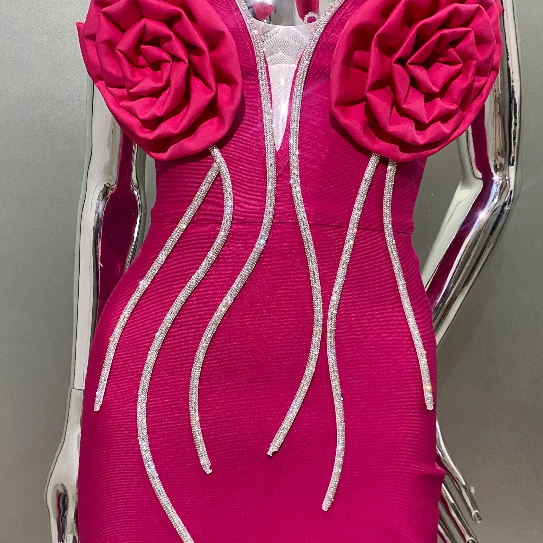 STOCK 2024 Summer Rose Red Stereoscopic Flowers Sparkling Diamonds Chain Ankle Lenght Bandage Dress Elegant Woman Evening Dress