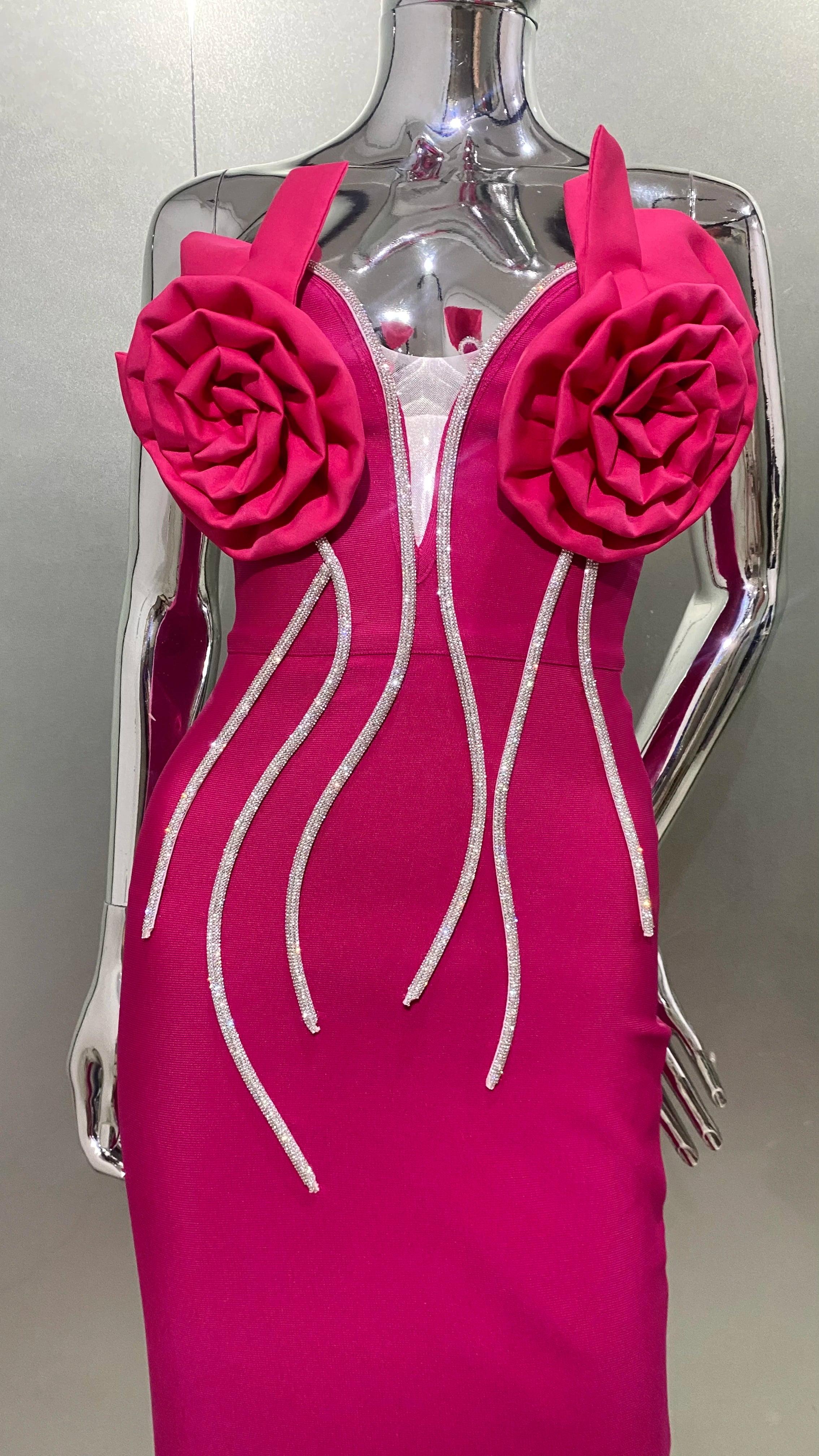 STOCK 2024 Summer Rose Red Stereoscopic Flowers Sparkling Diamonds Chain Ankle Lenght Bandage Dress Elegant Woman Evening Dress