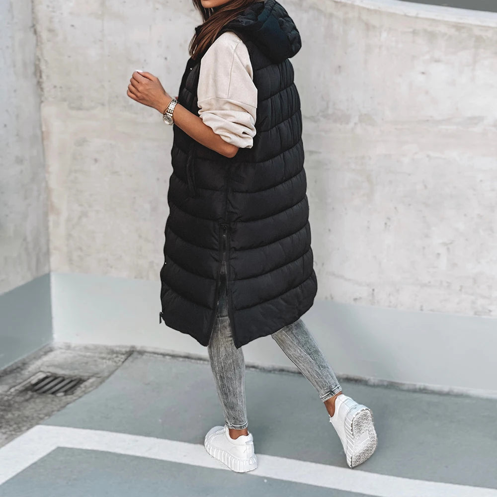 Winter New Hooded Warm Mid-length Vest Jacket Spring Women Casual Loose Solid Color Hood Sleeveless Zip Multi-pocket Waistcoat