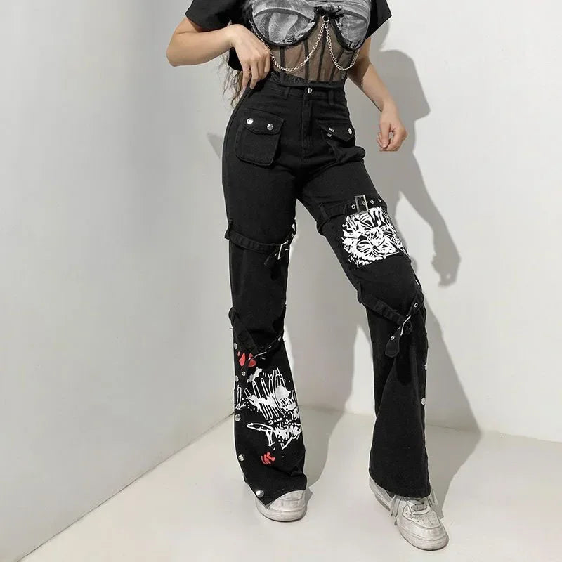 Gothic Print Women Jeans Spring Fashion Streetwear Bandage Pants Punk Style Female Dark Academic Sequined Denim Trousers New
