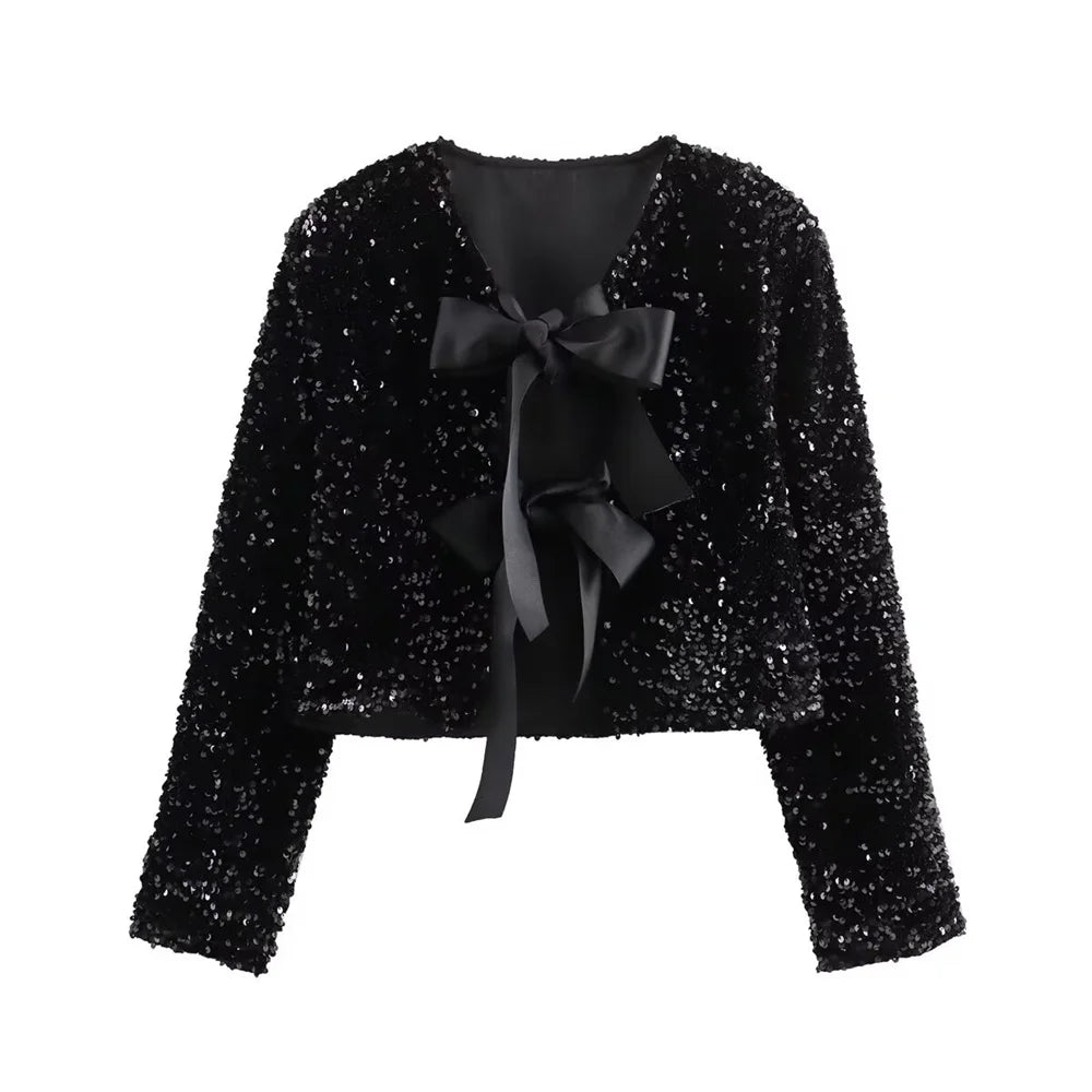 Zach Ailsa 2024 Early Spring New Women's Style Round Neck Long sleeved Bow Tie with Sequin Decoration Top Short Coat black