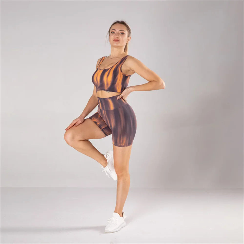 Fashion Aurora Print Seamless Gym Scrunch Shorts Set Push Up Women Sportswear Yoga Wear Training Suit for Fitness Sport Outfit Bra Shorts 3