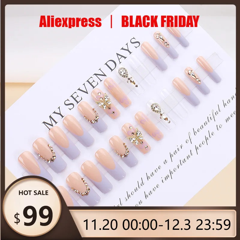 24Pc Purple Elegant Ballet Square Press-On French Nail Tips with 3D Butterfly&Floral Design Romantic Glitter Nail for Party Wear