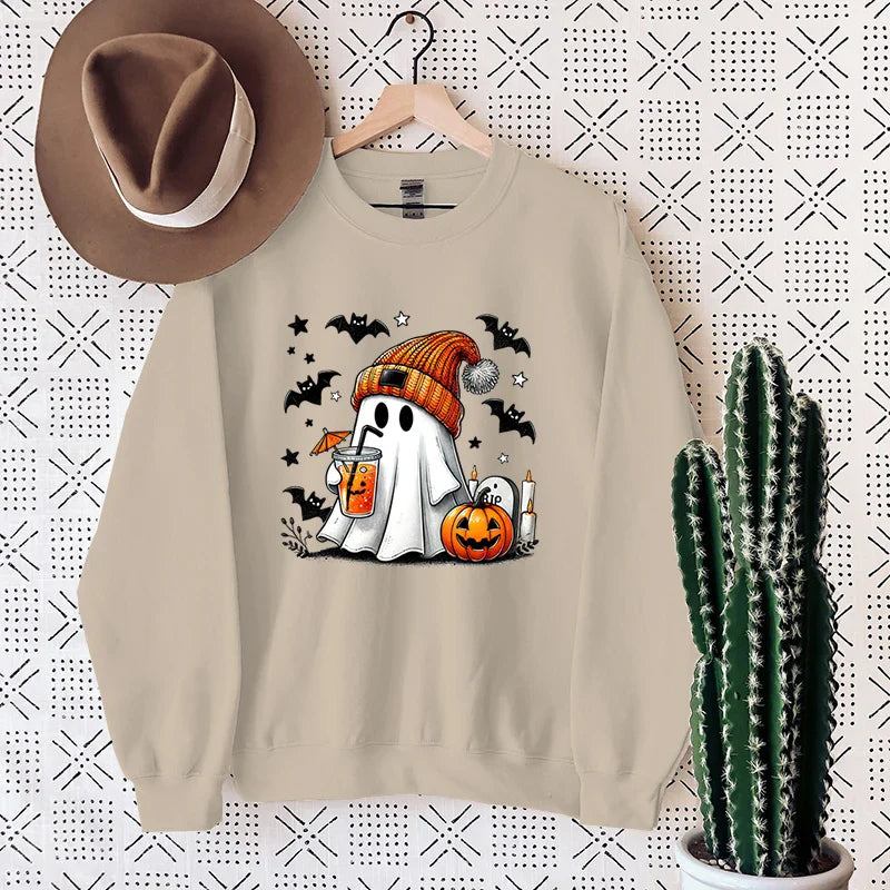 New Women's Sweatshirt Halloween Ghost Pumpkin Bat Print Round Neck Pullovers Ladies Autumn Winter Casual Halloween Sweatshirt Khaki