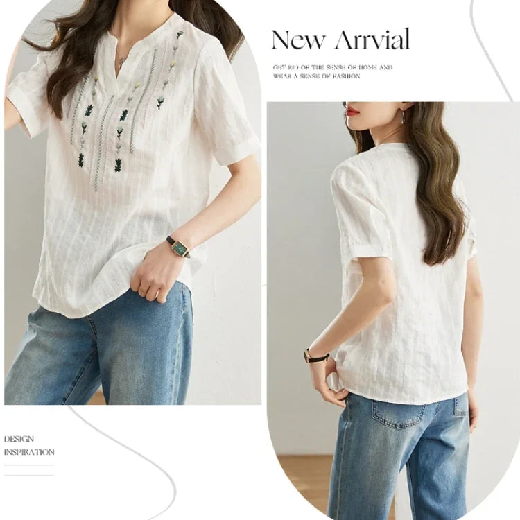 Cotton Short Sleeve Shirt Women Female Summer Tops Straight Floral Embroidery Ladies French Shirts & Blouses