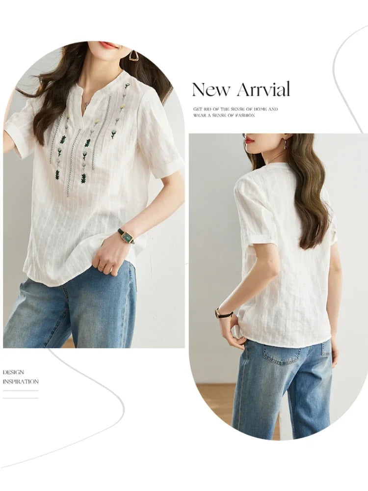 Cotton Short Sleeve Shirt Women Female Summer Tops Straight Floral Embroidery Ladies French Shirts & Blouses