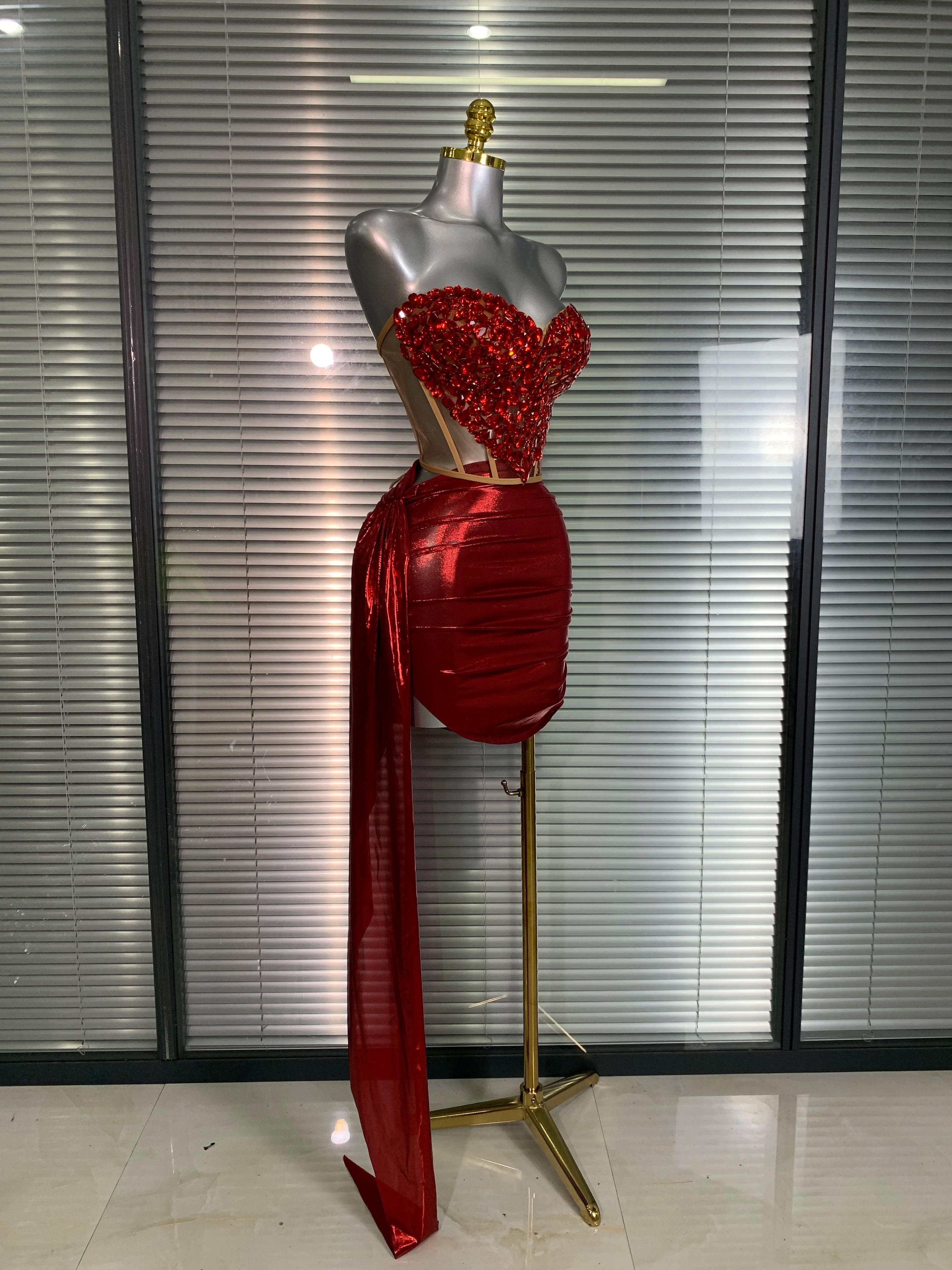 New Women Sexy Two Pieces Set Red Crystal Diamonds Night Club Skirt Suits Laced Singer Dancer Stage Performance Costume