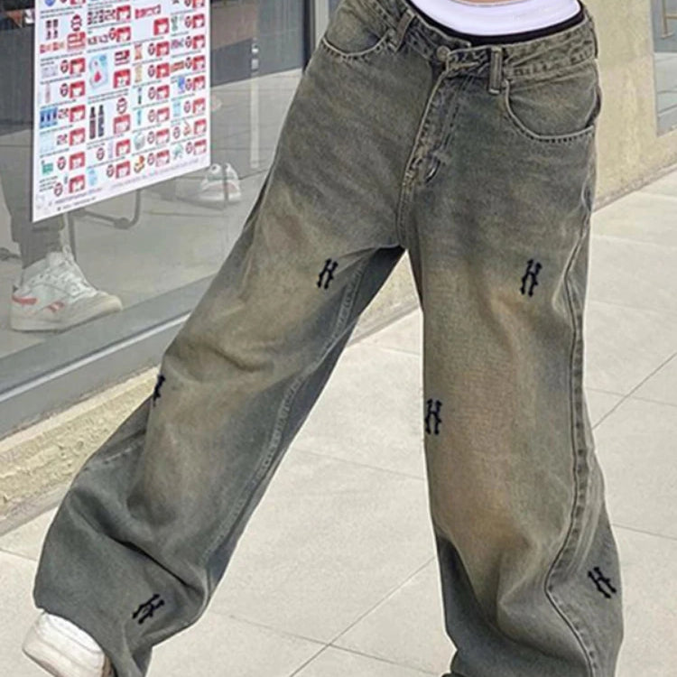 Street 90s Letter Printed Y2k Low Waist Jeans Vintage Baggy Jeans Women Casual Denim Pants Female Sexy Bottom Retro