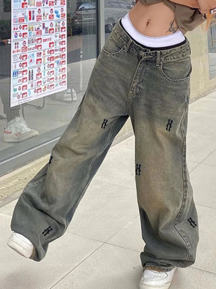 Street 90s Letter Printed Y2k Low Waist Jeans Vintage Baggy Jeans Women Casual Denim Pants Female Sexy Bottom Retro