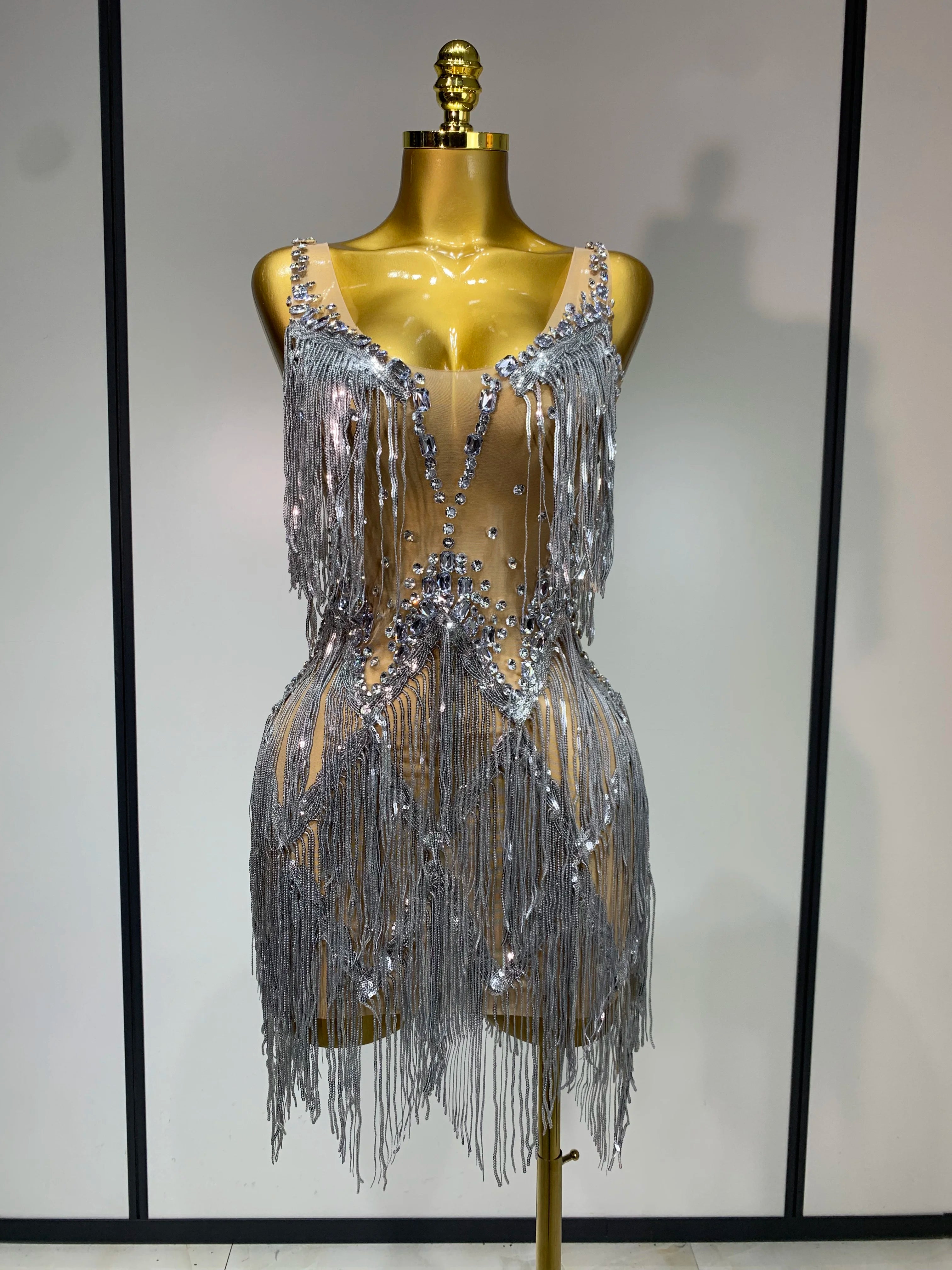 Sparkly Rhinestone Tassels Sexy Mesh See Through Dress 2025 Women Evening Party Luxury Birthday Nightclub Perform Stage Costume