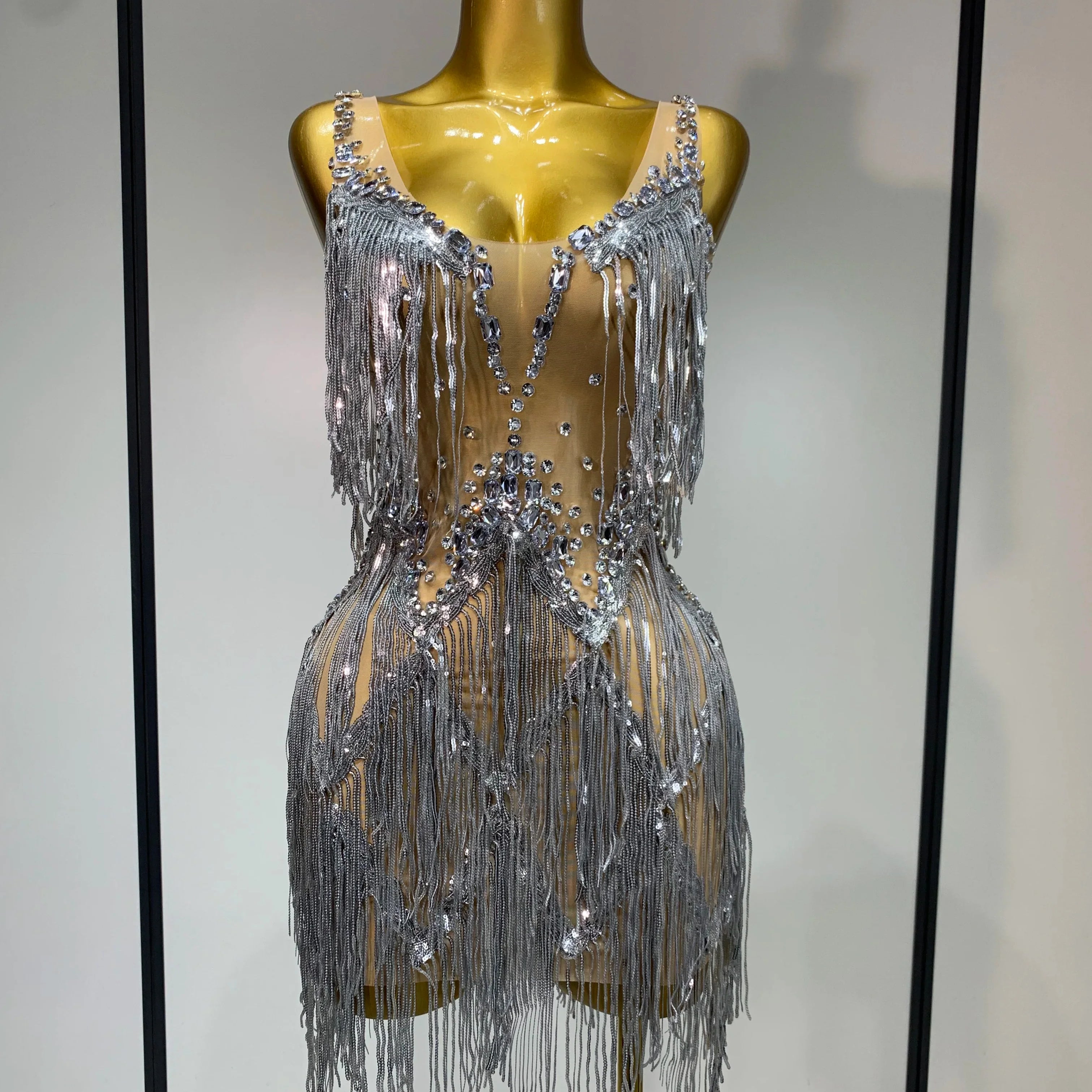 Sparkly Rhinestone Tassels Sexy Mesh See Through Dress  Women Evening Party Luxury Birthday Nightclub Perform Stage Costume